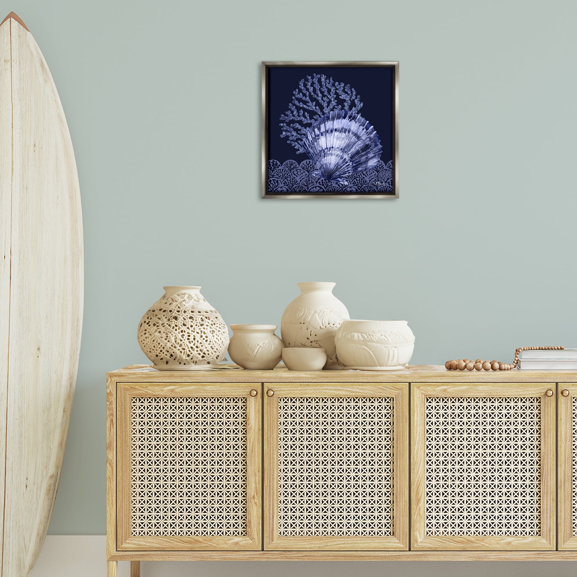 Stupell Industries Shadowed Clam Still Life Nautical & Beach Painting Gray Floater Framed Canvas Art Print Wall Art, 18 x 18