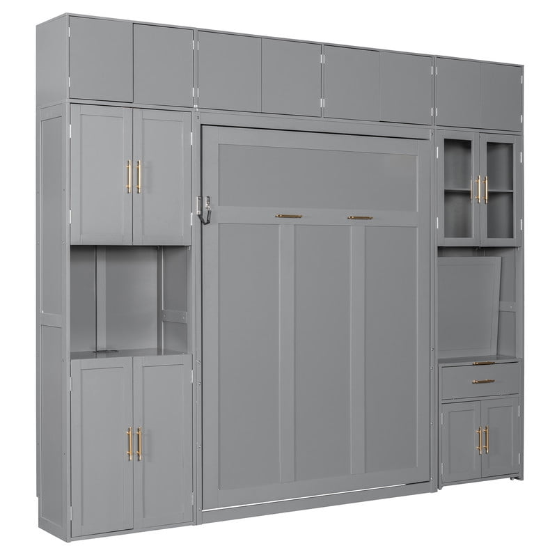 Full Size All-in-One Murphy Bed with Hidden Desk & Storage Cabinets, Foldable Platform Bed Frame with Power Outlet & LED Light