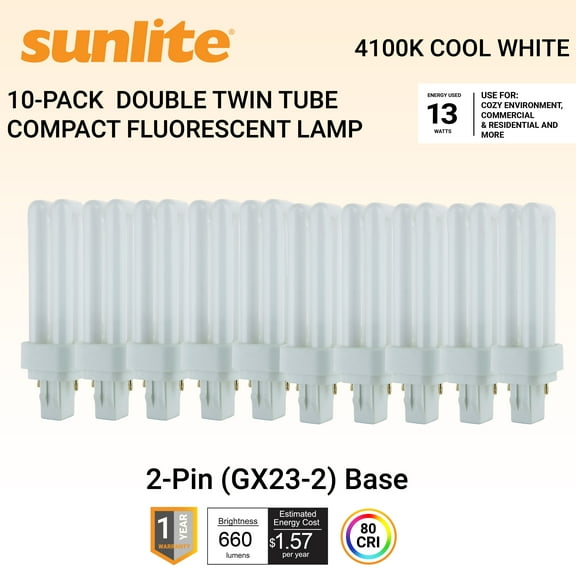 Sunlite PLD13/SP41K/10PK Double Twin Tube, CFL, PLD 2-Pin, 13 Watts, 660 Lumens, 4100K Cool White, 2-Pin (GX23-2) Base, 10 Pack