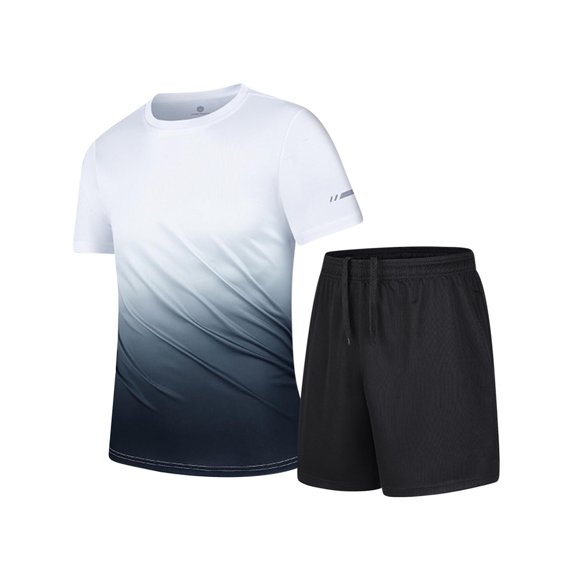 Zekutng Workout Sets for Men Gradient Color Round Neck Short Sleeved Tops and Shorts Casual Sports Set,Sizes M-5XL