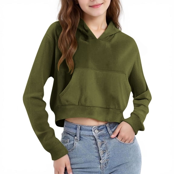 Risckoth Girls' Crop Length Hoodie Kangaroo Pocket Drop Shoulder Long Sleeve Casual Pullover 4-12 Years