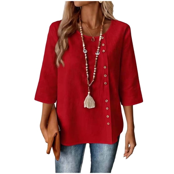 Mujeres 3/4 Manga Tops Y Blusas de Color Sólido con Botones Cuello Redondo Casual Top de Moda 3/4 Manga Tops Casuales para Mujeres