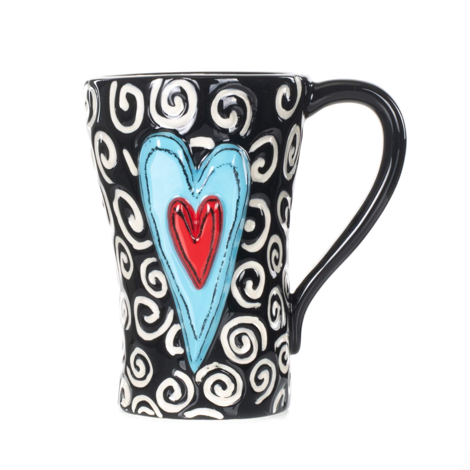 White Swirls Hearts Midnight Black 6 inch Glossy Ceramic Stoneware Mug