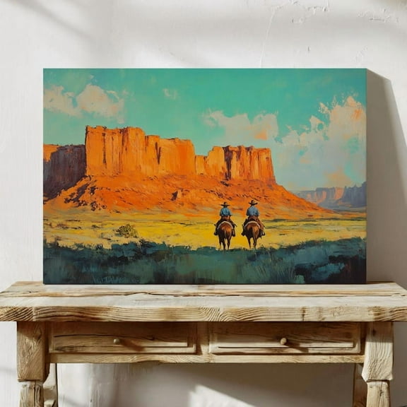 Velto Cowboys on Horseback Canvas Art Western Desert Wall Southwest Landscape Rustic Ranch Decor Cowboy Country Wall Art, SIZE 8x10 INCLUDE Pine Wood Frame 1.25-Inch