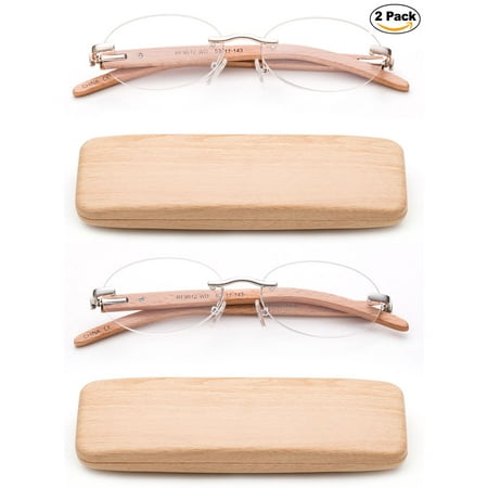Newbee Fashion-2 Pack High Quality Lightweight Real Wood Temple Reading Glasses Stylish Rimless Design Oval Shape Spring Hinge Comfortble Fit with Case Wood Reading Glasses for