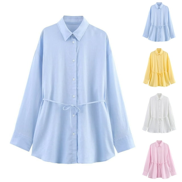 Camisas de vestir para mujer,Blusa de manga larga con solapa para mujer, camisa informal de poliéster, color liso, ideal para el hogar o la oficina, sopatenor