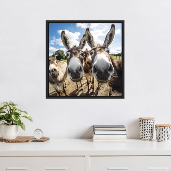 Kate and Laurel Sylvie Funny Animal Donkey Selfie Framed Canvas Wall Art by The Creative Bunch Studio, 22x22 Black, Funny Cute Animal Art for Wall
