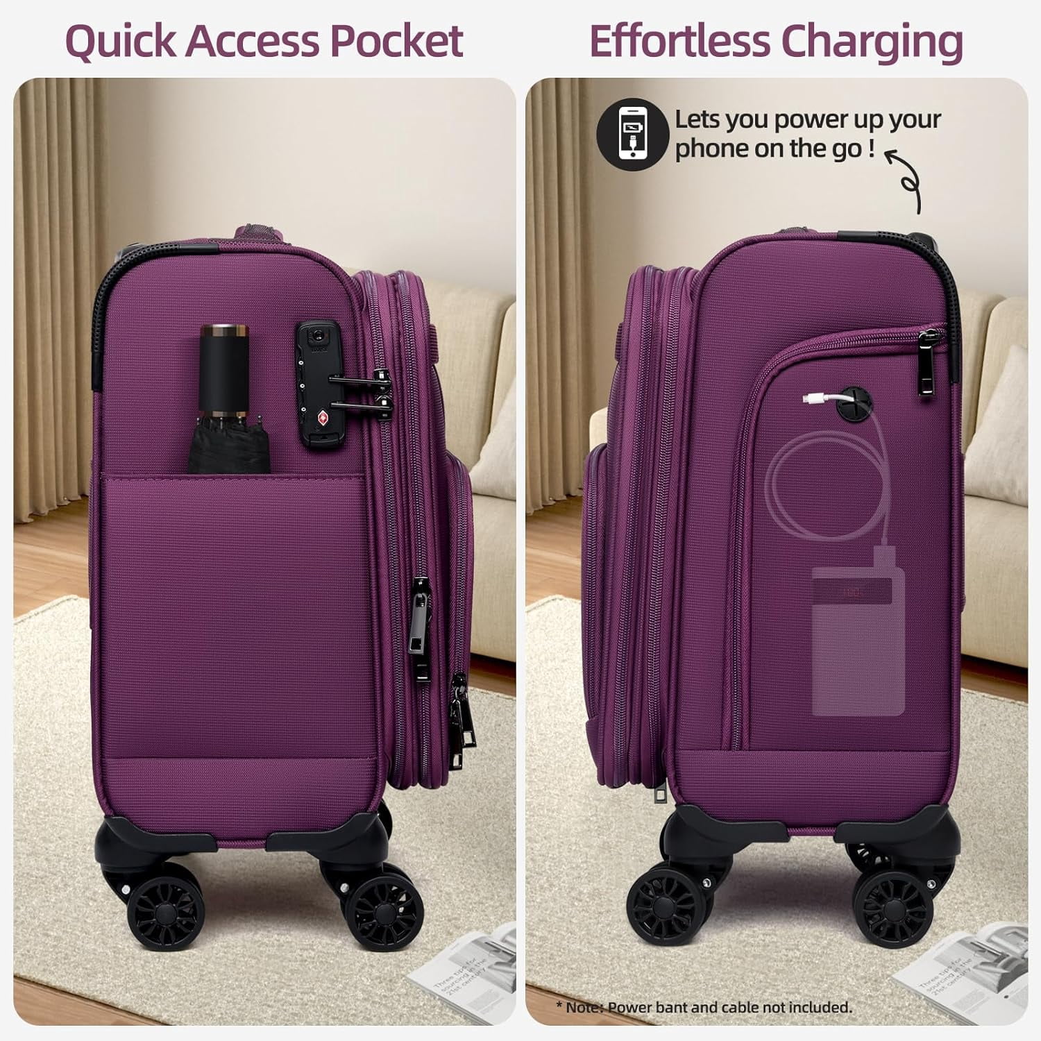 TIAWOLT Underseater Carry-On Luggage Airline Approved with Spinner Wheels, 16 Inch Luggage with TSA Lock, Overnight Rolling Softside Suitcases for Women,Purple