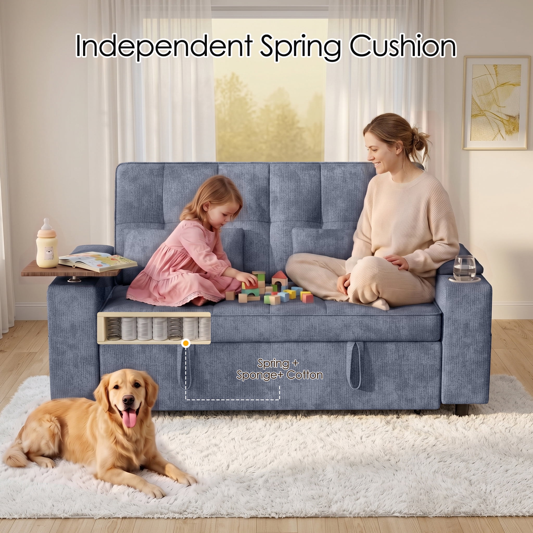 Xiweot 65" Sleeper Sofa Bed, 3-in-1 Convertible Chenille Futon Couch, Loveseat Sofa with Adjustable Backrest, Pull out Couch with Storage Armrest, Table & Pillows for Living Room Apartment (Blue)