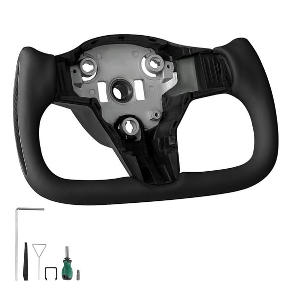 KFFKFF Steering Wheel for 2016-2023 Tesla Model 3, Carbon Fiber D-Shaped Flat-Bottom Design with Heating Feature, Leather Grip with Textured Non-Slip Surface, Replacement Accessory for Model 3, Black