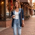 thumbnail image 7 of Womens Casual Mid Length Jacket Coat Long Sleeve Lapel Denim Spliced Ribbed Button Down L, 7 of 7