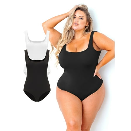 POSESHE Women's Plus Size Square Tank Bodysuit, S-5X, 2 Piece