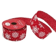 Holiday Time Gift Wrap Ribbon, Red Burlap with White Snowflake, 1.5"/15'