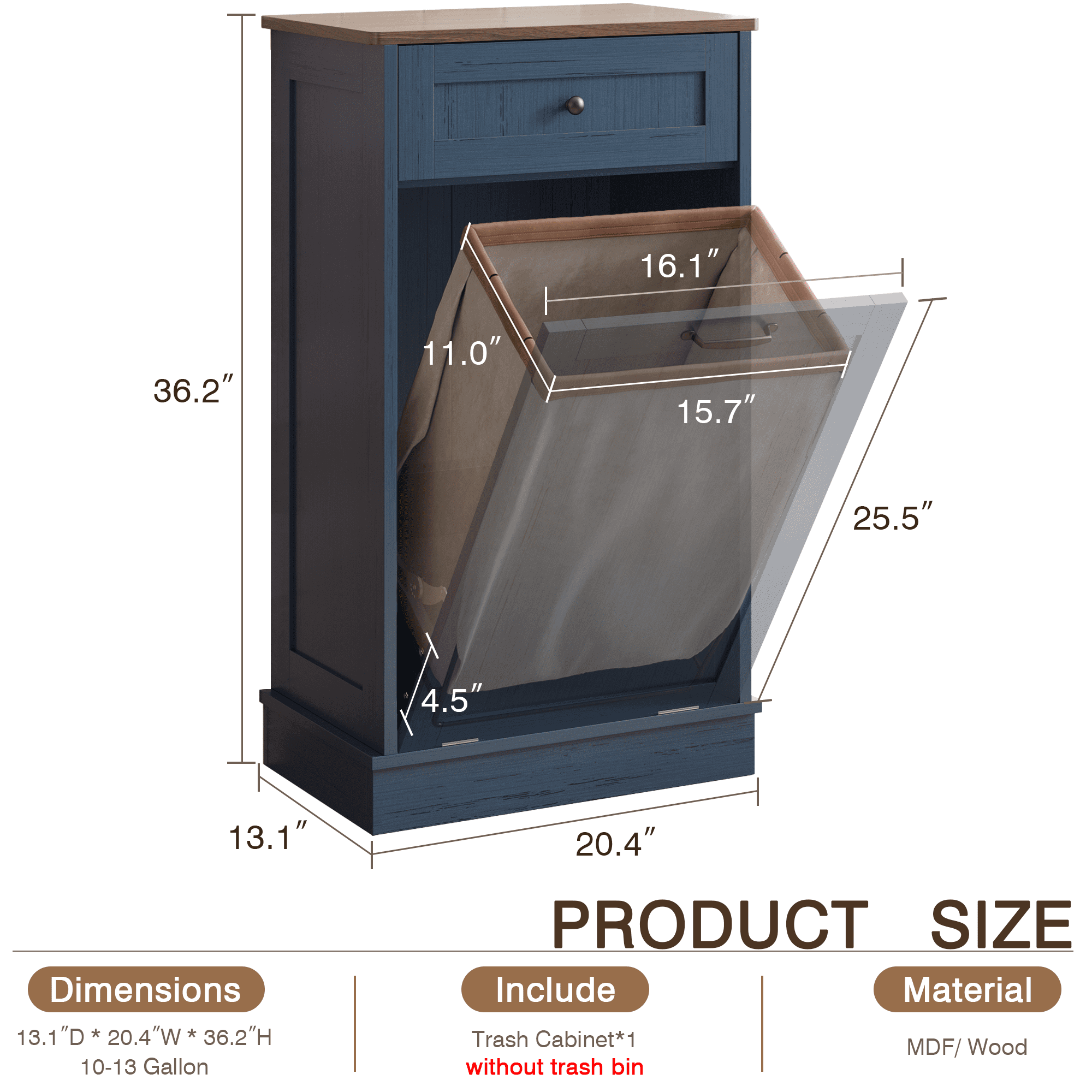 Kigoty Kitchen Trash Can Cabinet, 10 Gallon Tilt Out Trash Canbinet Wood Garbage Hamper Pet Proof, Blue