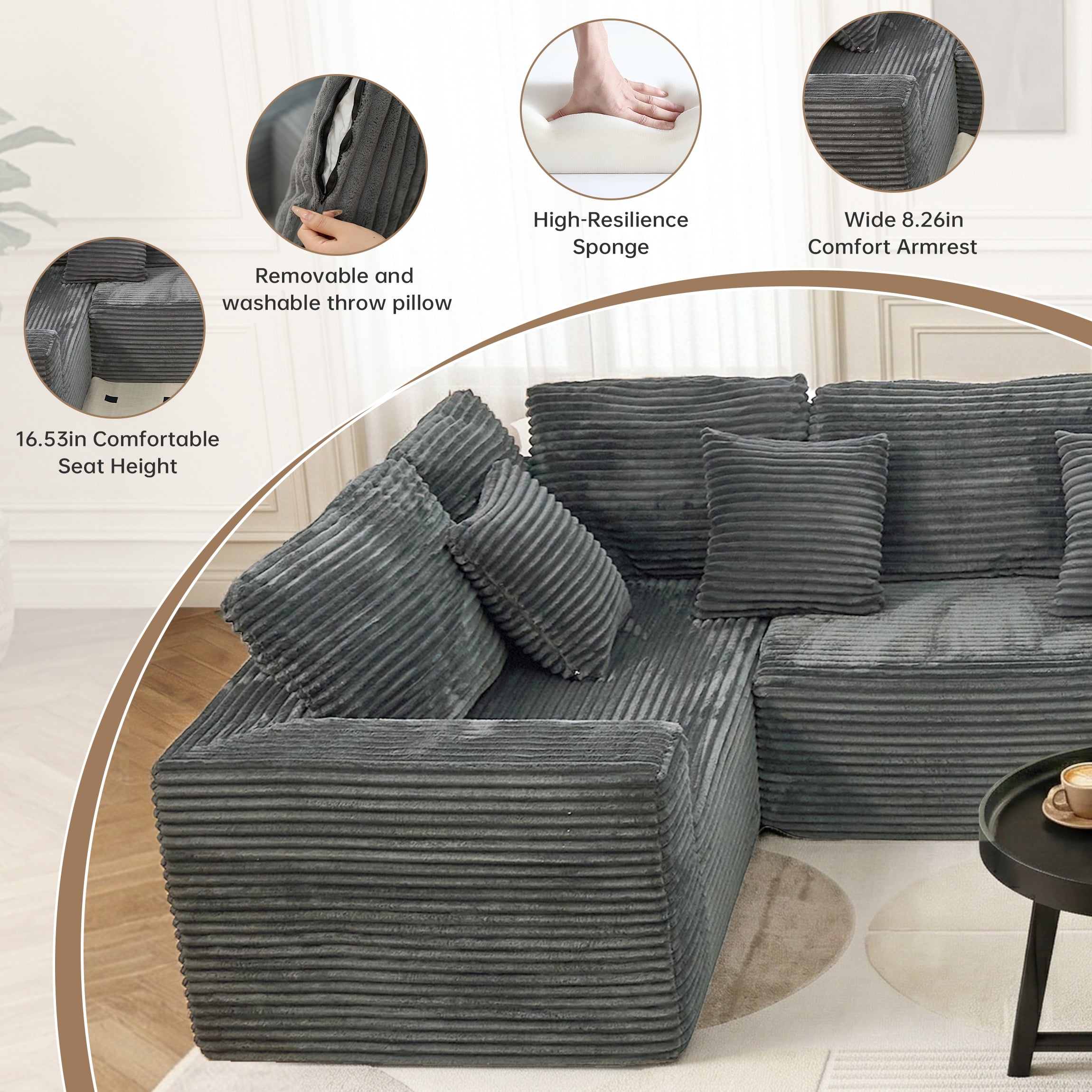 SOULART 135.5" U Shaped Sectional Couch,Gray Cloud Boneless Sofa For Living Room,Plush Corduroy Couches With Deep Seat Chaise Lounge,No Assembly Required