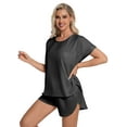 thumbnail image 4 of DAKIMOE Womens Silk Stain Pajamas Set Short Sleeve Soft Sleepwear Top With Shorts Set PJ Loungewear, Black, XL, 4 of 8