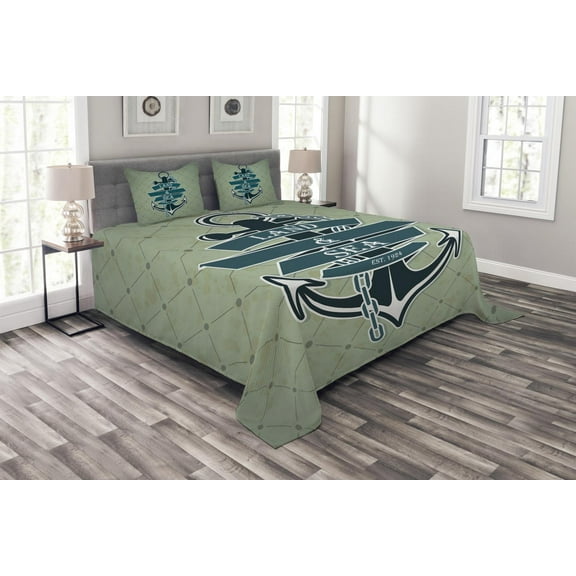 Ambesonne Anchor Quilted Bedspread Set 3 Pcs, Diamond Pattern Nautical, King Size, Teal Pale Green
