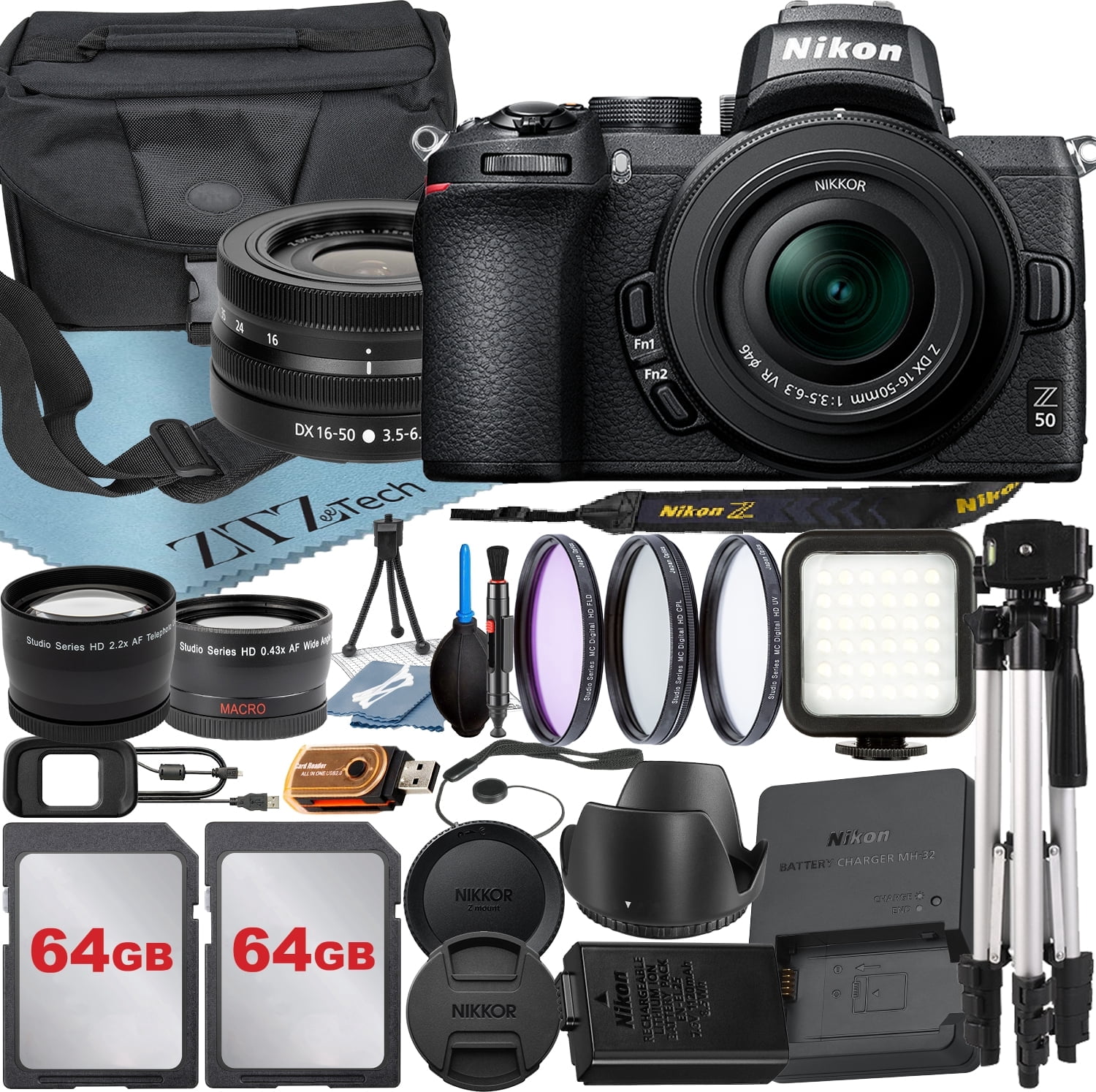 Nikon Z50 Camera Kit with 16-50mm Lens, 2x32GB Cards, Case, Tripod