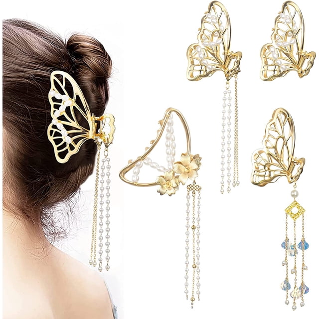 Pinzas para el cabello de metal, juego de 4 pinzas para el cabello con flecos de mariposa dorada Pinzas para el cabello delicadas para mujeres Pinzas para el cabello de metal antideslizantes de moda Accesorios para el cabello JM