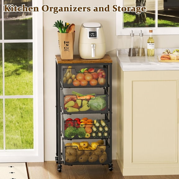 4-Tier Kitchen Rolling Cart with Wooden Top and Drawers, Metal Storage Rack on Wheels for Fruits Vegetables Snacks