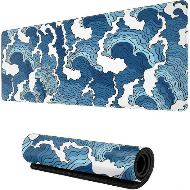 Japanese Wave Mouse Pad Blue And White Mouse Pad Gaming Large Xxl Long Mousepad Extended Xl Desk Mat Non-slip Rubber Base Stitched Edges Mice Pad 31.5