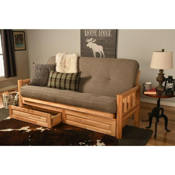 Lodge Frame-Natural Finish-Linen Stone Mattress-Storage Drawers