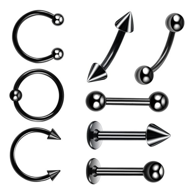 8 piezas de material acero inoxidable negro abierto / labio / de aro para cejas Stud Tragus Piercings barra recta 16G 8mm
