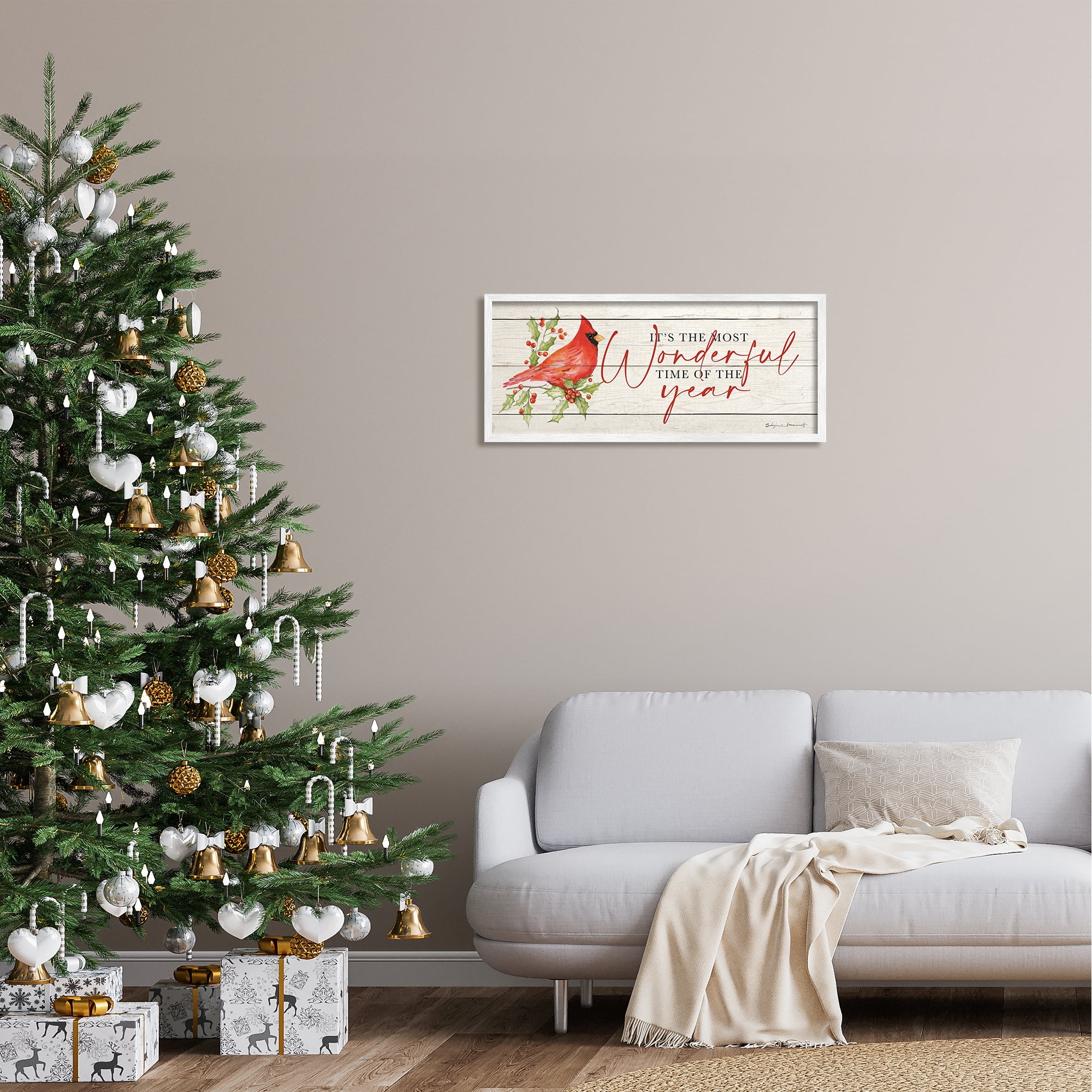 Stupell Industries Most Wonderful Time Cardinal Holiday Painting White Framed Art Print Wall Art