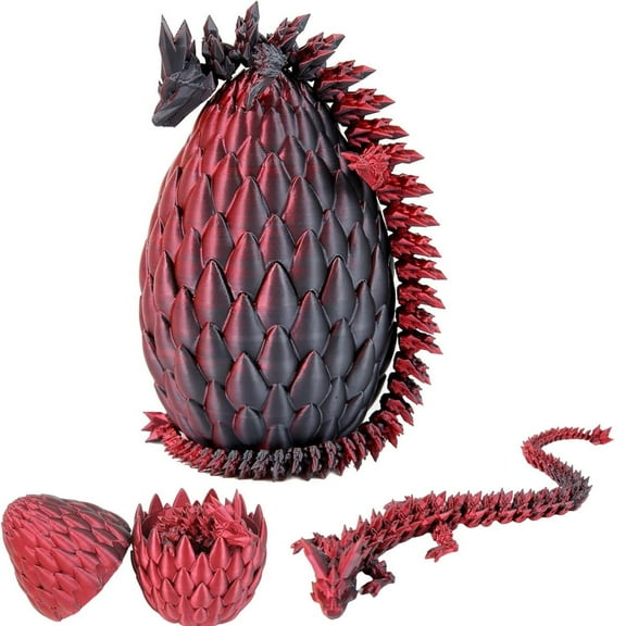Dyues 3D Printed Dragon Egg Toy 12" Crystal Articulated Dragon ,Fidget Executive Desk Dragon Egg Decor Collectible,Black Red