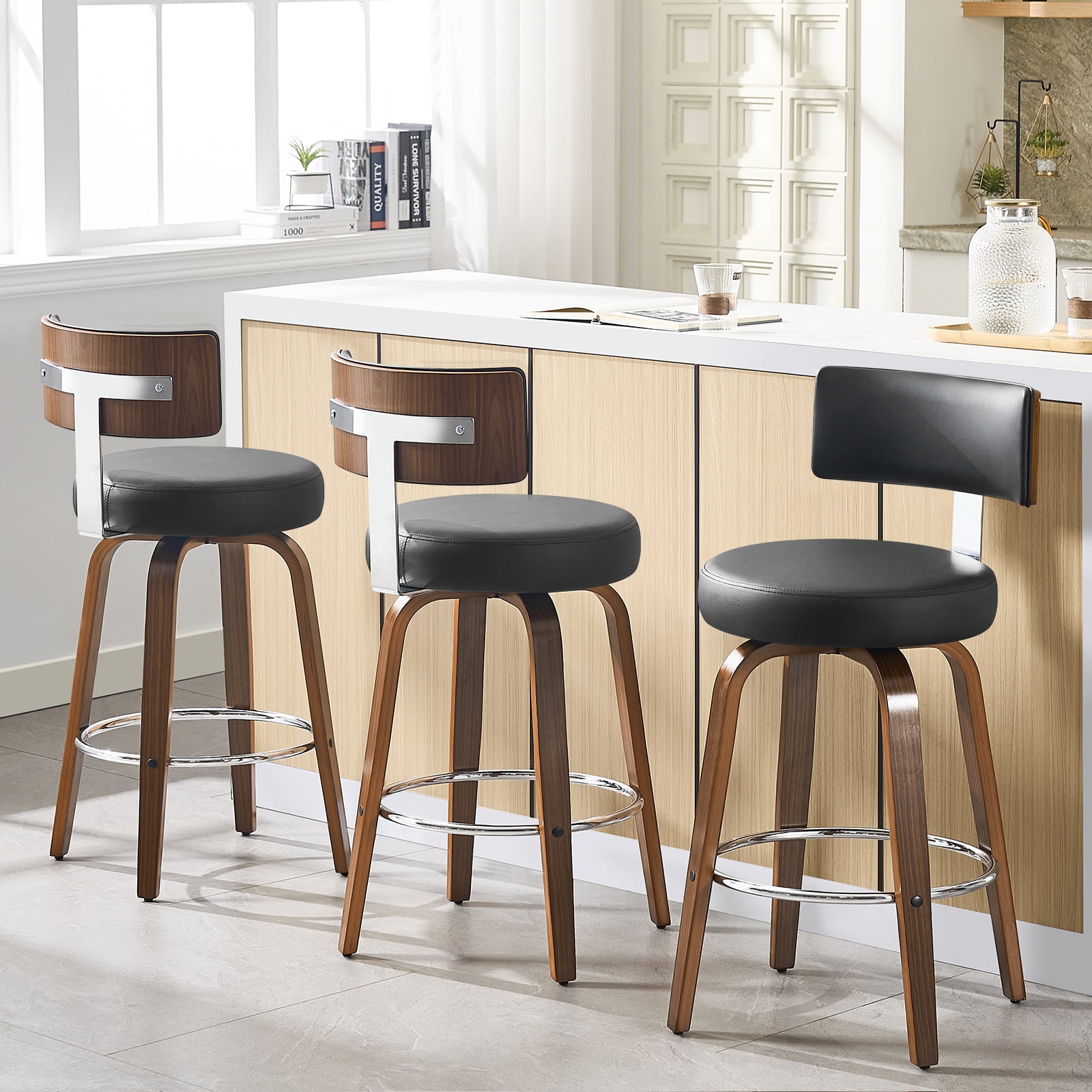 WOOW DEPOT PU Swivel Bar Stools Set of 1, 26" Seat Height Modern Upholstered Bar Chairs w/ Mid-back Round Seat Walnut Legs Leather Island Stools for Kitchen Counter