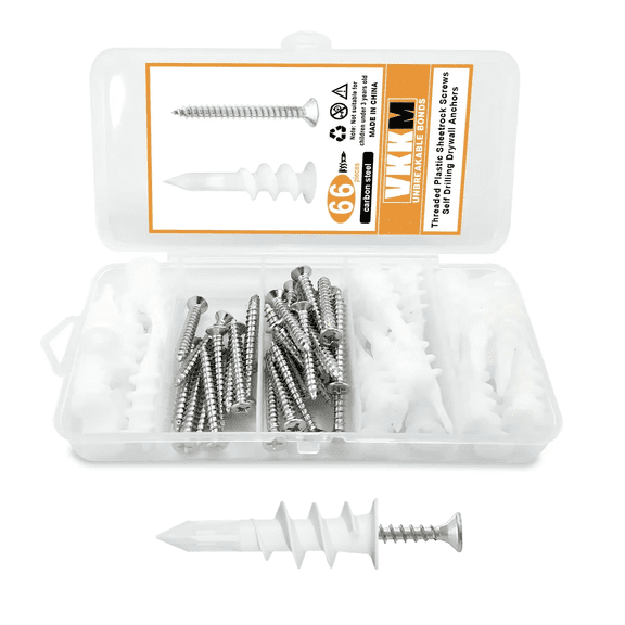 Self-Drilling Drywall Anchors & Screws Kit, 66Pcs Plastic Drill-free Plaster Board Wall Screws for Drywall Gypsum Panels, Drive Bit Included