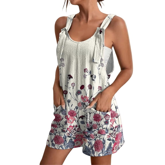 JULMCOMO Floral Print Rompers for Women Adjustable Straps Casual Overall Shorts Sleeveless Scoop Neck Trendy Summer Overalls with Pockets Light pink S