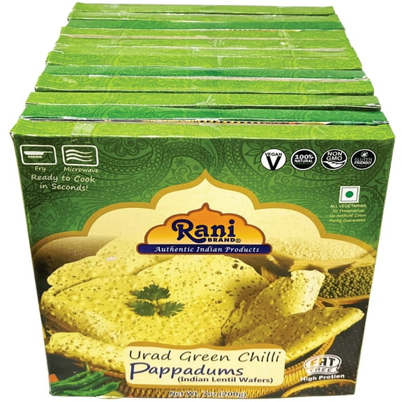 Rani Pappadums (Indian Lentil Wafer Snack) Green Chilli Papad 7oz (200g) Approximately 15pc, 7 inches, Pack of 12 ~ All Natural | Gluten Friendly | NON-GMO | Vegan | Indian Origin