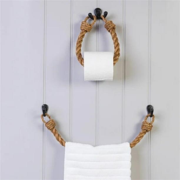 Soporte para papel higiénico de cuerda de yute, perchero decorativo, montado en la pared, organizador de baño, almacenamiento que ahorra espacio, material duradero, fácil instalación