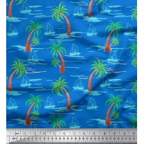 Soimoi Polyester Crepe Fabric Palm Tree & Sailboat Beach Fabric Prints by Yard 42 Inch Wide