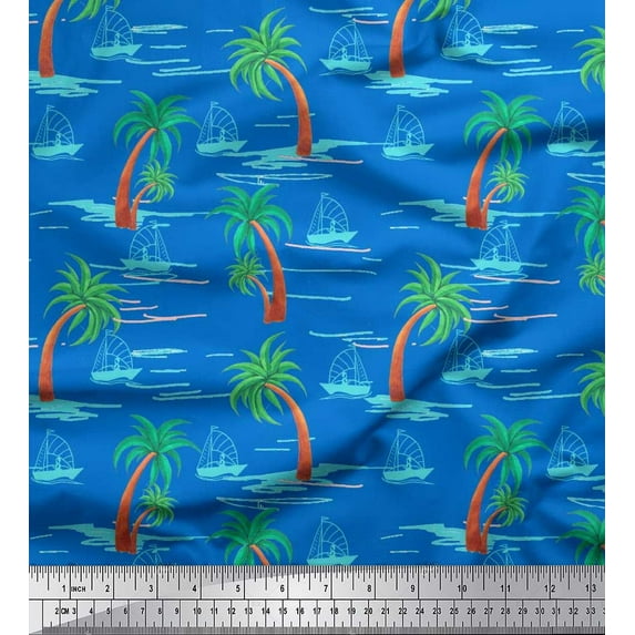 Soimoi Polyester Crepe Fabric Palm Tree & Sailboat Beach Fabric Prints by Yard 42 Inch Wide