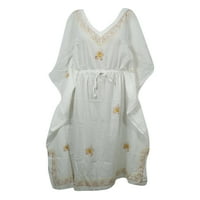 Mogul Bohemian Gypsy Chic White Cotton Maxi Kaftan Kimono Beach Cover Ups Caftan Night Gown Dress L