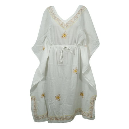 Gypsy Maxi - Mogul Bohemian Gypsy Chic White Cotton Maxi Kaftan Kimono Beach Cover Ups Caftan Night Gown Dress L