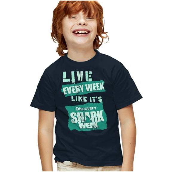 Shark Week Officially Licensed Live Every Week Kids T Shirt for Youth Boys and Girls, Navy, X-Large
