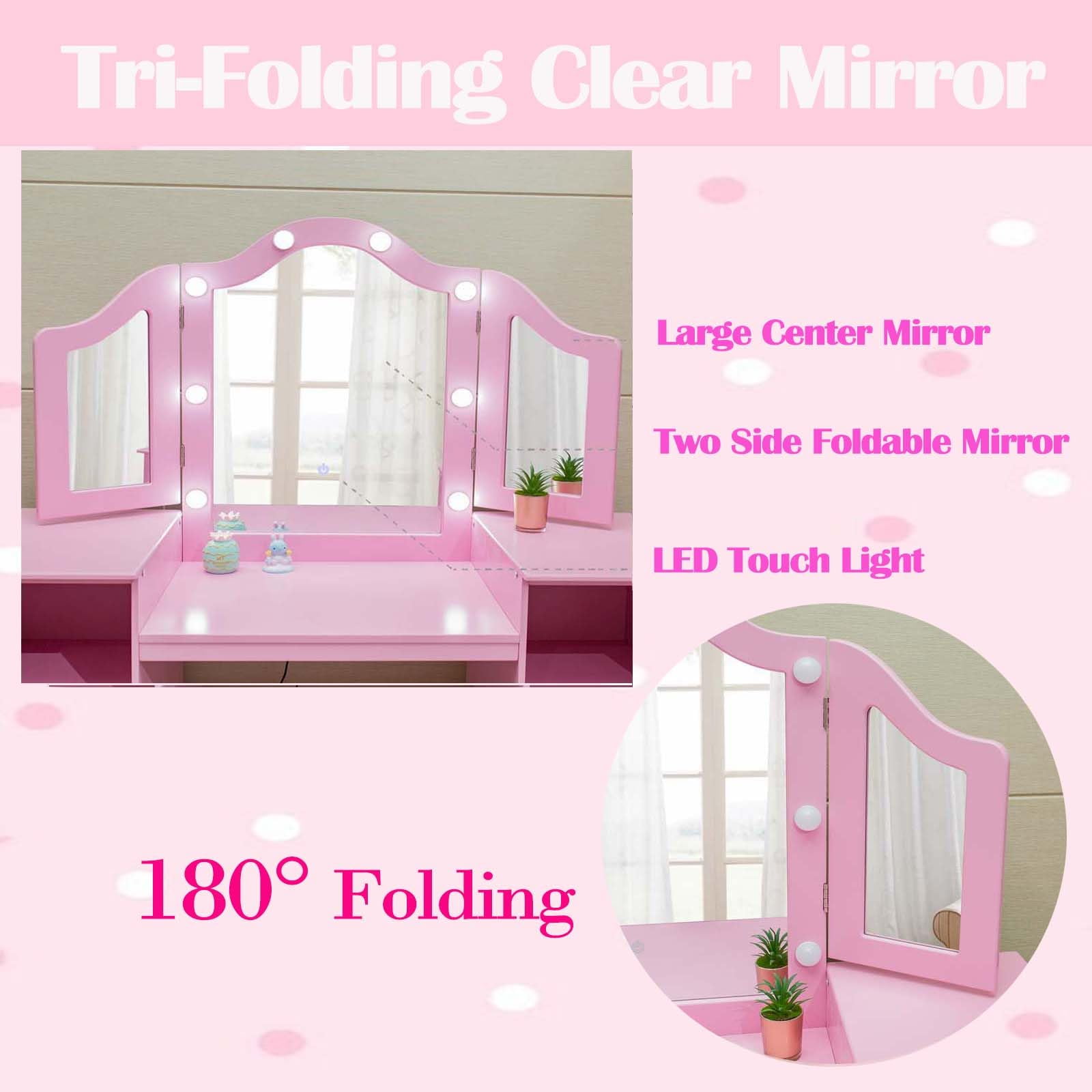 TROPOW Vanity Desk,Makeup Vanity,with Mirror and Lights,2-in-1 Kids Vanity Set with Mirror Wooden Toddler Vanity Set,Top Princess Pretend Play Beauty Makeup Vanity Table and Chair Set for Girls