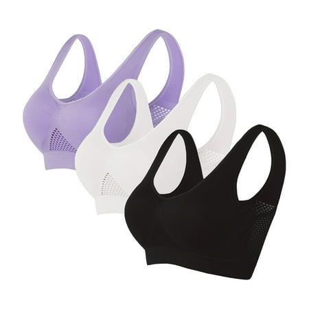 TrendVibe365 Supportive Sports Bras for Women 3 Pack Mesh No Underwire Push up Bralette Padded U Back Wide Strap Support Corset Bra Full Coverage Crop Tank Top Comfy Shapewear L