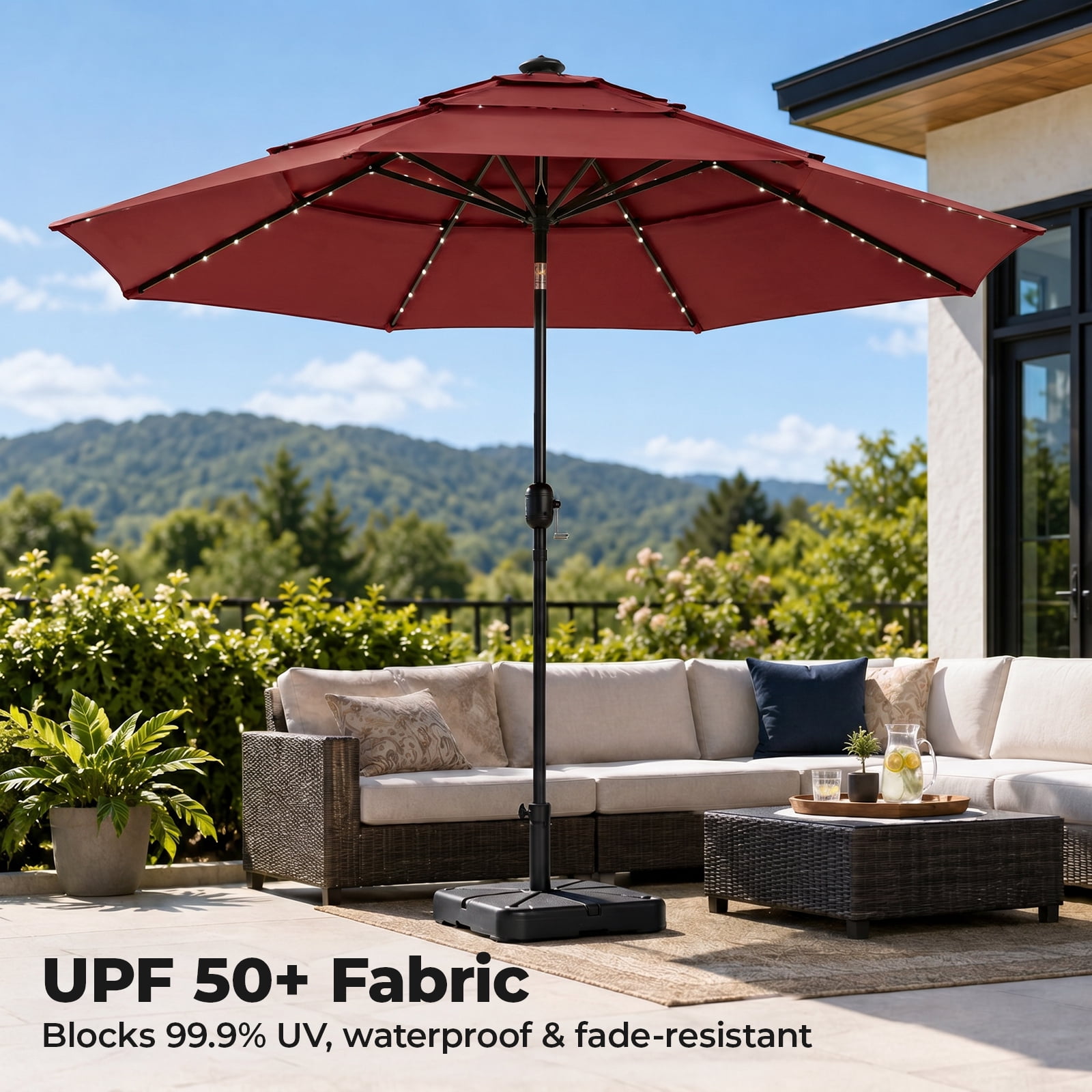 Alvantor 10Ft Solar Patio Umbrella with 32 LED Lights, 3-Tier Vented Outdoor Table Umbrella with Push Button Tilt and Crank, UPF 50+ UV Protection