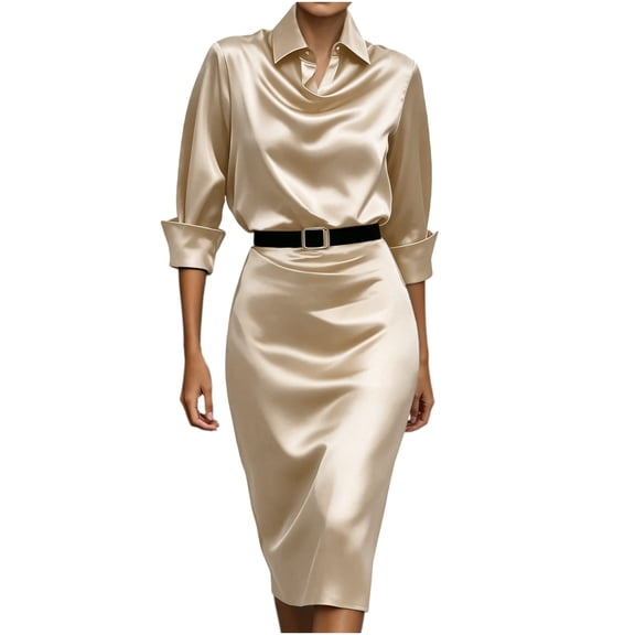 PBFRDSJ Women's Satin Cowl Neck Midi Dress 3/4 Sleeve Dreesy Formal Office Business Dress for Wedding Cocktail Prom Party