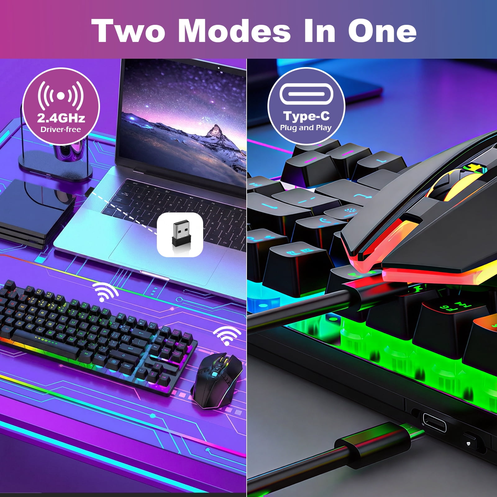 SANPTENT Wireless Gaming Keyboard and Mouse Combo, 87 Keys RGB LED Backlit Rechargeable, W/2.4G Wireless Receiver, for Windows Computer PC Gamer