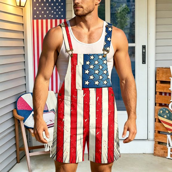 Men's American Flag Denim Overalls Shorts with Suspenders – Patriotic Independence Day Bib Shorts for 4th of July, Summer Parades & Casual Wear – Vintage Distressed USA Flag Jumpsuit (XS-XXXXXL)