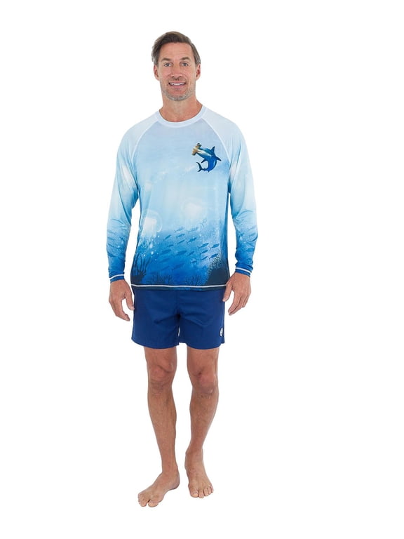 Mens UPF 50+ Rashguard Swim Tee Long Sleeve Running Shirt Swimwear Swim Shirts, Shark, Size: XL, Uzzi Active Wear