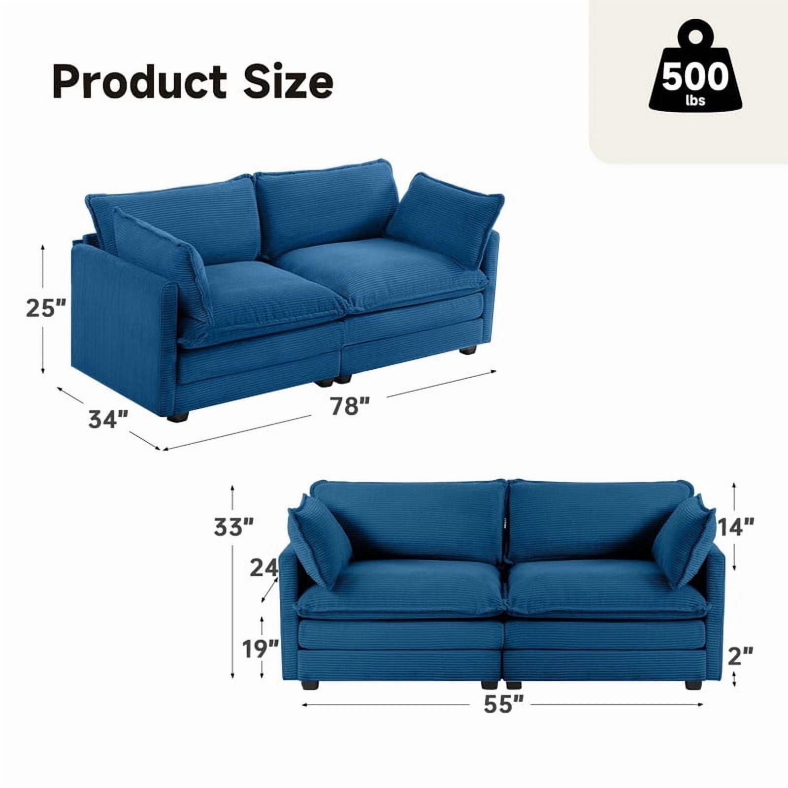 RIAFUN 2-Seat Cloud Loveseat, 78" Oversized Corduroy Modular Sofa, Convertible Deep Seat Couch with Removable Cushions & Pillows, Sturdy Wooden Frame for Living Room, Navy