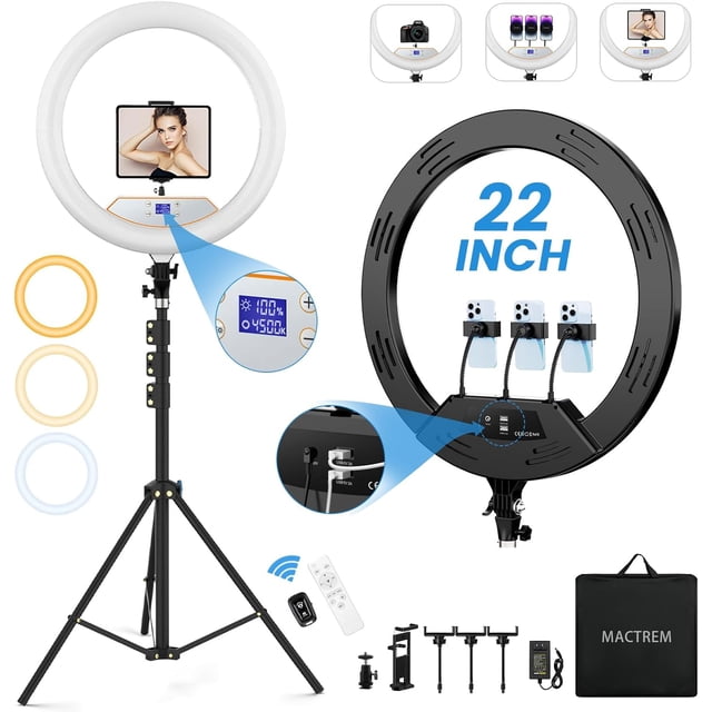 SHIQI-22" Ring Light with 75" Tripod/LED Display/2 USB Ports, 2600K-6500K Dimmable LED Light, Tripod Stand, Remote Controller,for ipad,Camera,Smartphone,TikTok Video Recording, Live Streaming