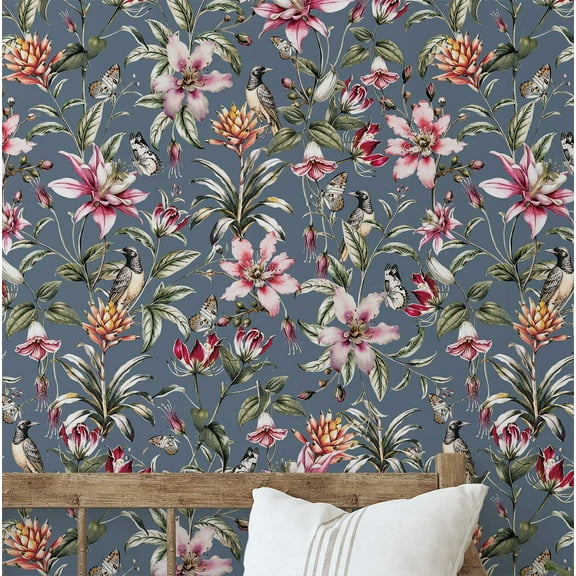 S4sassy Self-Stick Decorative Wallpaper, Exotic Bird & Floral Wall Paper, Vinyl Waterproof Contact Paper, Blue, 25"x60"inch Removable Renter Friendly Wall Covering For Bedroom, Dining room