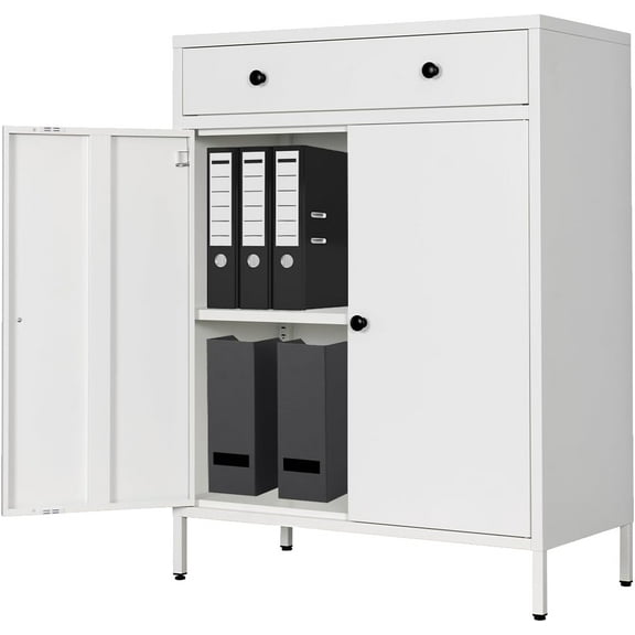 Metal Storage Cabinet, Multipurpose Storage and 1 Drawer, 2-Tier Office Cabinet for Home, Living Room, Gym, Apartment (White)